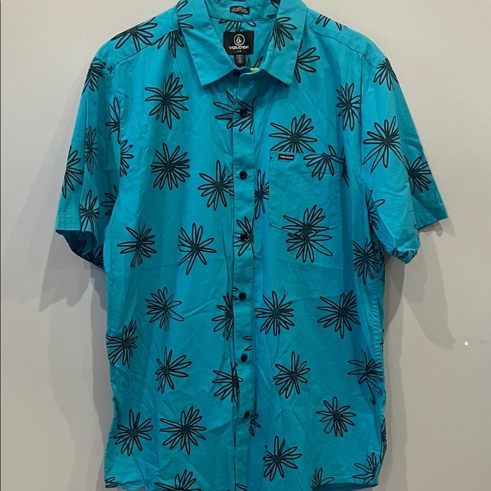 Volcom Men's Teal Short-Sleeve Printed Button-Up Shirt